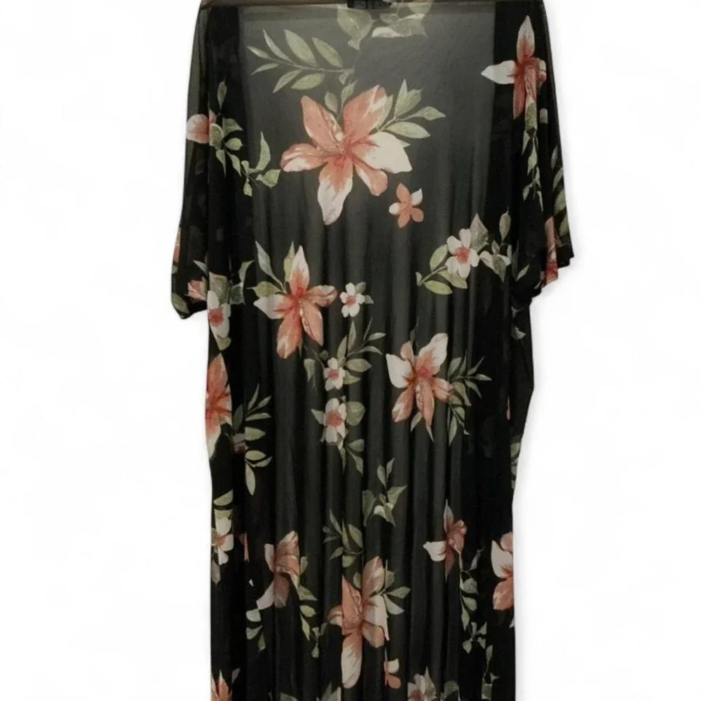 Tiffany & Grey Floral Mesh Kimono Womens OS Black Peach Excellent Sheer Cardigan